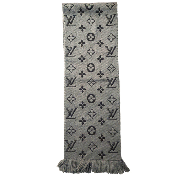 Louis Vuitton LV Monogram Logomania Gray Black Cashmere Silk Scarf Pre-Owned - Picture 8 of 16
